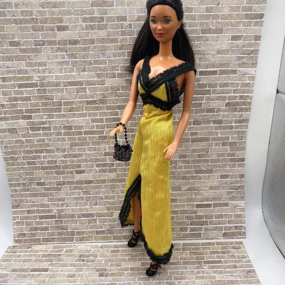 Vintage Mattel Miko Barbie 1970’s Retro Yellow Black Gown(rare!), Shoes ,Purse
